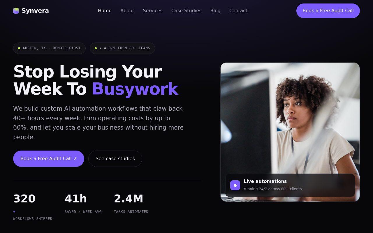 Synvera automation agency template homepage preview